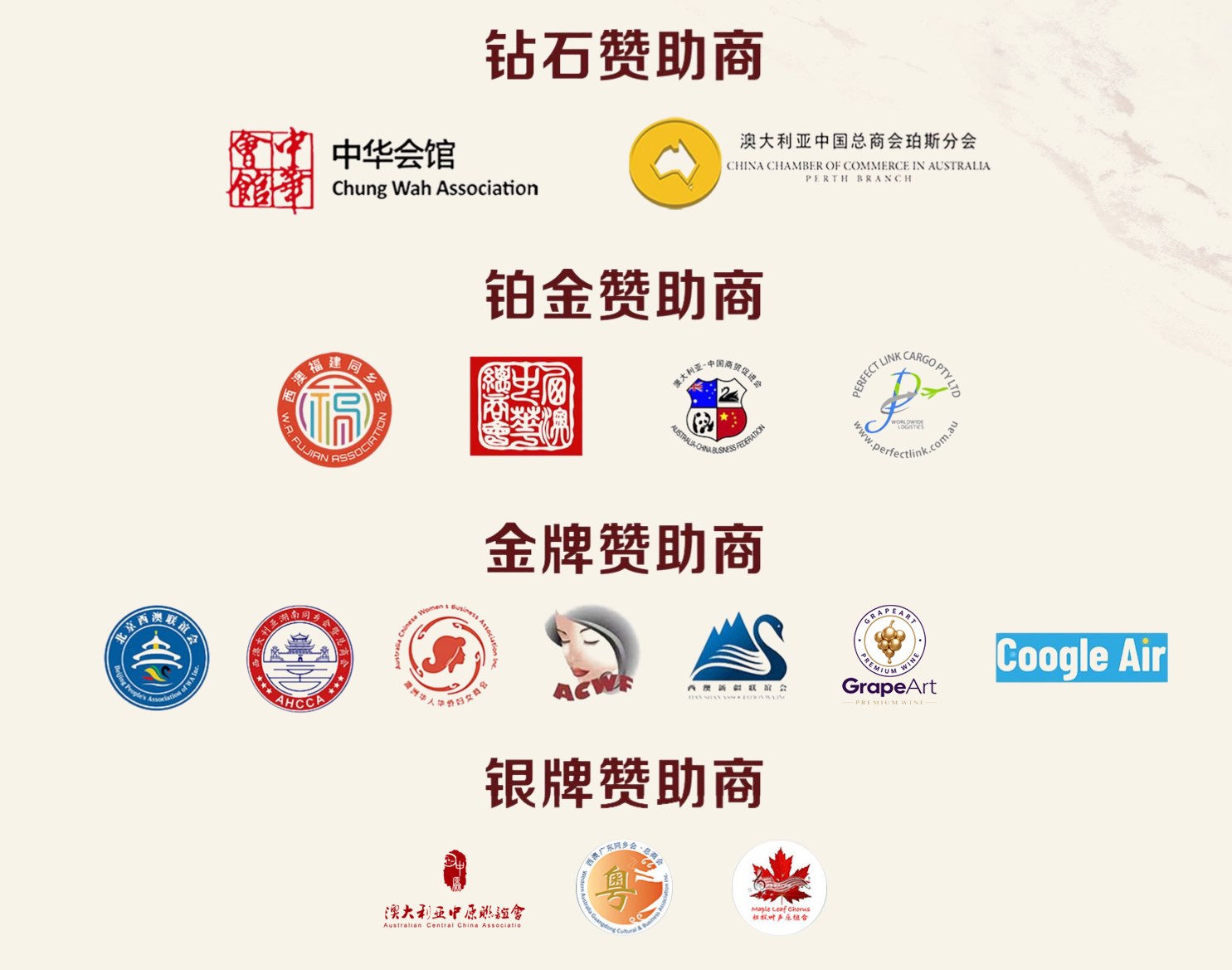 钻石赞助商：中华会馆、澳大利亚中国总商会珀斯分会；铂金赞助商；金牌赞助商（含 GrapeArt、Google Air）；银牌赞助商；媒体支持单位