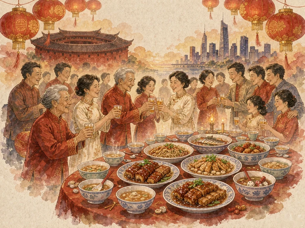 海外闽籍乡亲团圆宴：举杯欢庆，背景为土楼与珀斯天际线