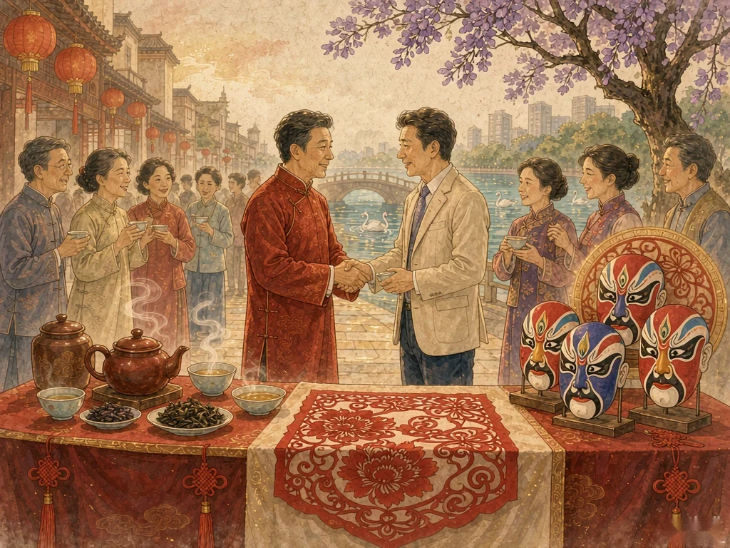 中澳友人在非遗展位前握手交流，背景有蓝花楹与天鹅河