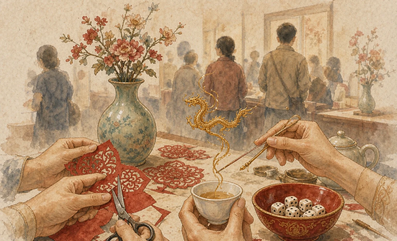 沉浸体验:剪纸、糖画、茶道、博饼的动手体验区
